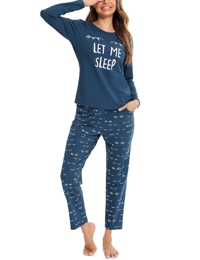 EISHOPEER Women's Cotton Long Sleeve Pajamas Set Sleepwear Cute Lounge Nightgowns Peacock Blue M - Image 1